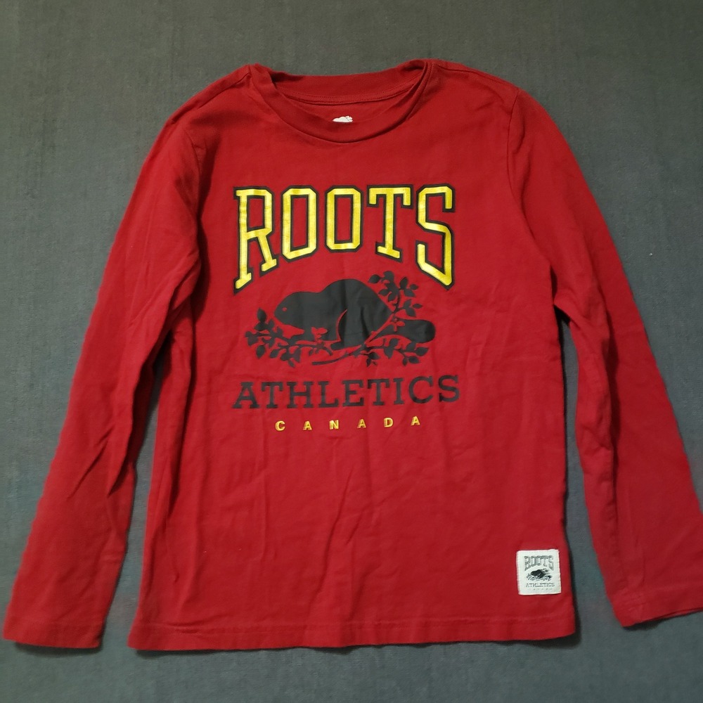 Roots Long Sleeve T-Shirt Kids Size L Red Graphic Beaver Athletics Canada‎